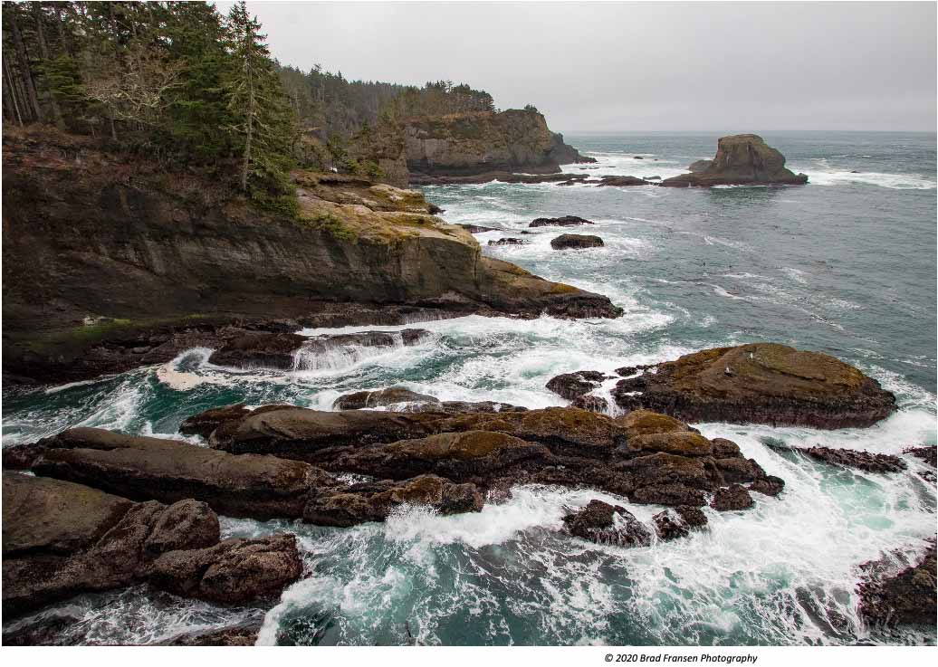 Rocky coastline with waves crashing against cliffs and sea stacks on a cloudy day in Washington.