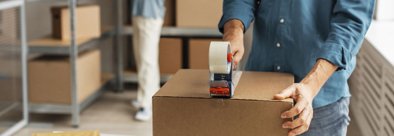 TACOMA Moving & Storage – Close-up of a person sealing a cardboard box with packing tape in a storage facility.