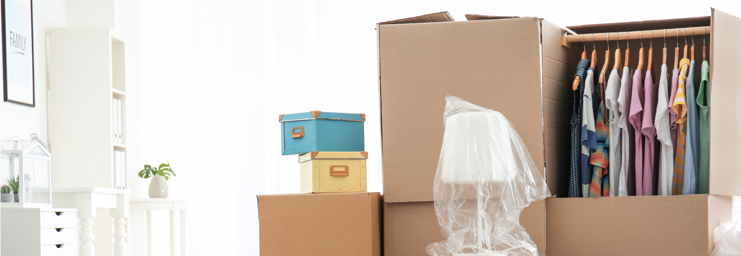 Packed Moving Boxes with a wardrobe box containing hanging clothes in a bright, organized room.