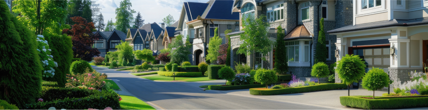 Beautiful suburban neighborhood with luxury homes, manicured lawns, and lush greenery on a sunny day.