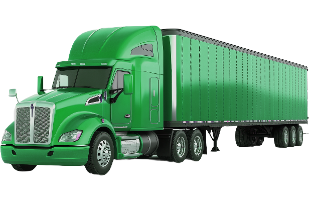Green semi-truck with a large trailer isolated on a white background.