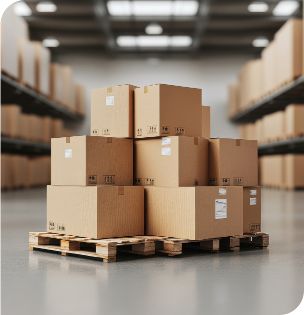 Stacked Moving Boxes on a wooden pallet in a well-organized warehouse with shelves in the background.